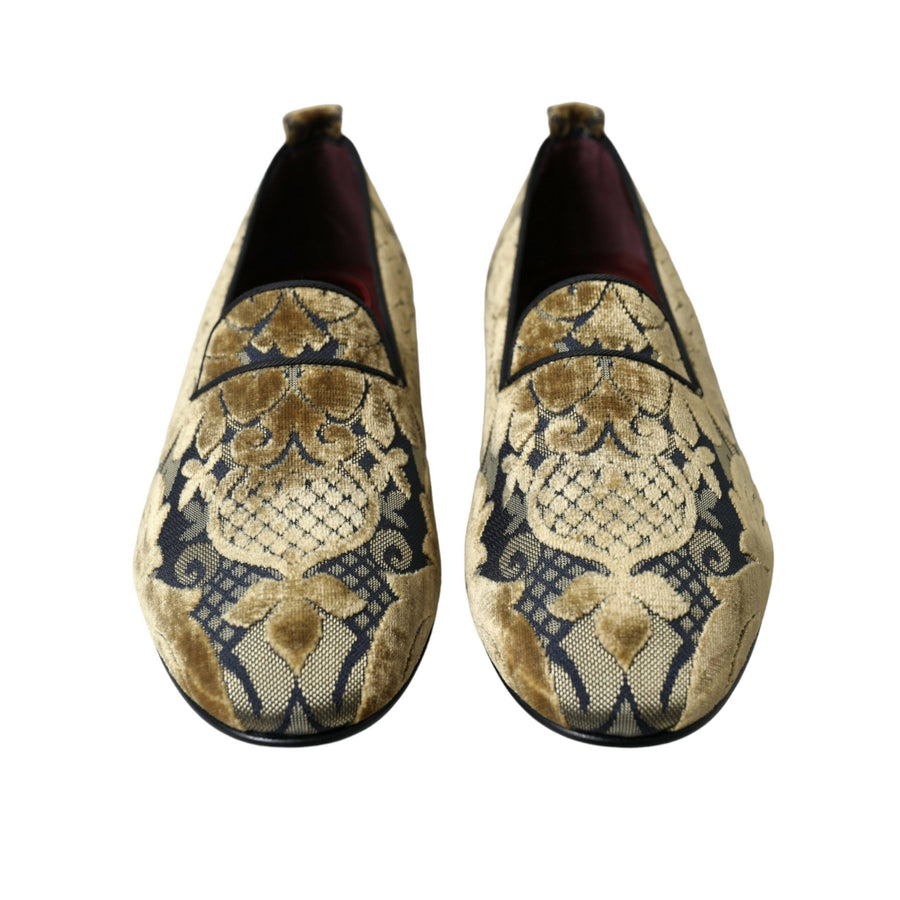 Dolce & Gabbana Gold Velvet Brocade Smoking Slipper Dress Shoes