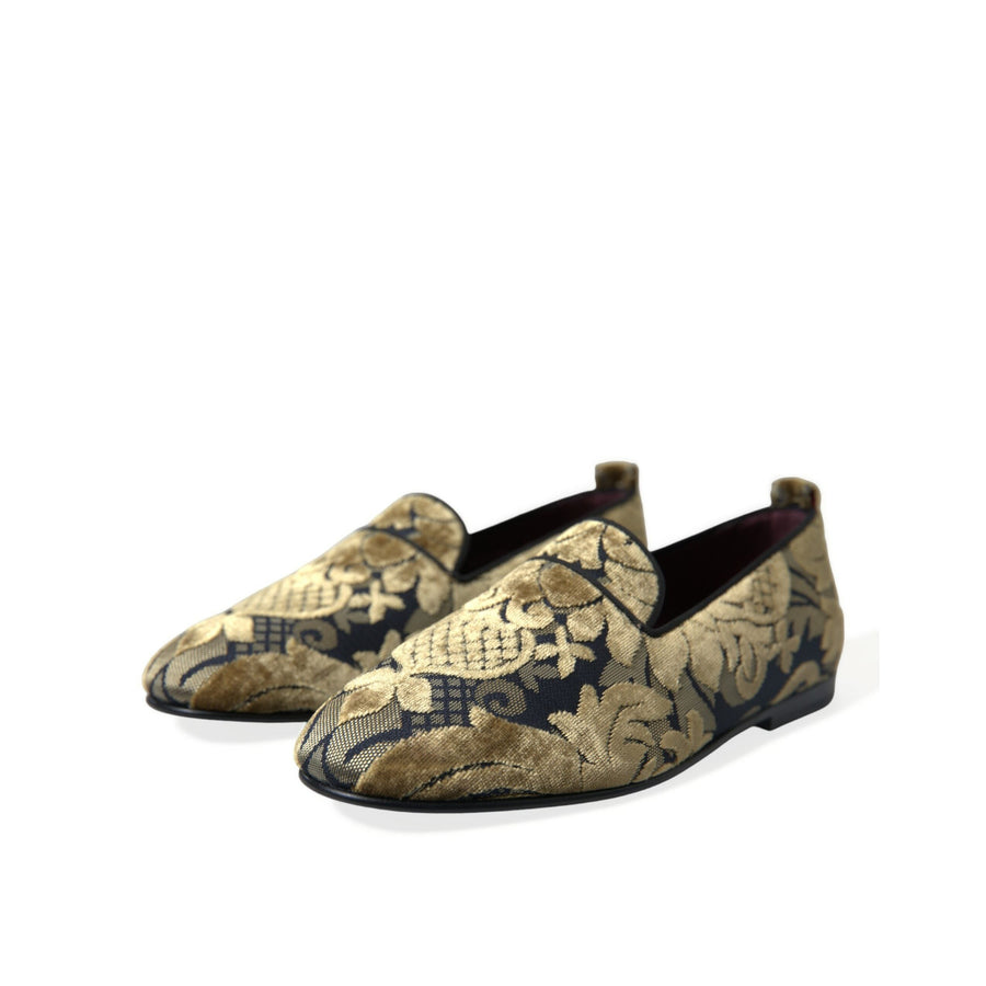 Dolce & Gabbana Gold Velvet Brocade Smoking Slipper Dress Shoes