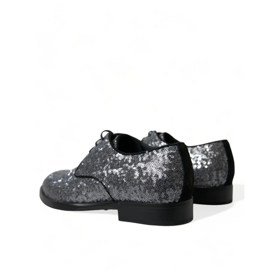 Dolce & Gabbana Silver Sequined Lace Up Men Derby Dress Shoes