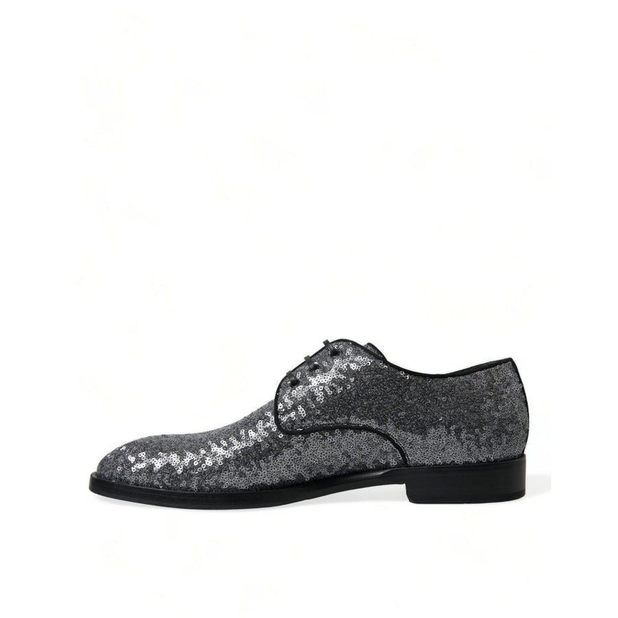 Dolce & Gabbana Silver Sequined Lace Up Men Derby Dress Shoes