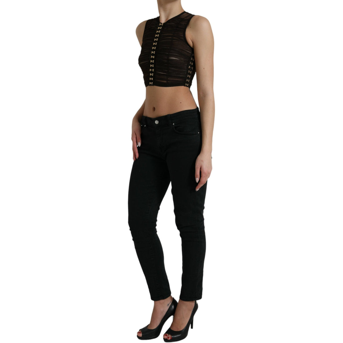 Dolce & Gabbana Brown Embellished Nylon Stretch Cropped Top