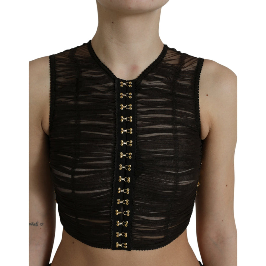 Dolce & Gabbana Brown Embellished Nylon Stretch Cropped Top