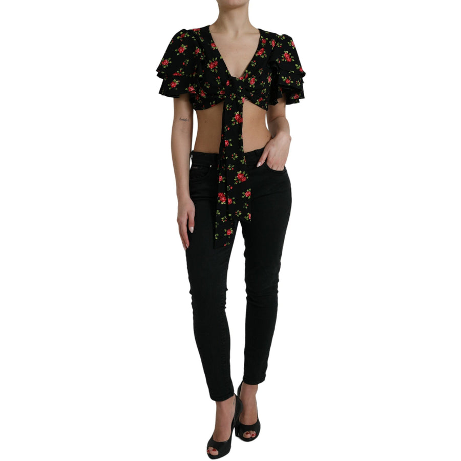 Dolce & Gabbana Black Floral Print Short Sleeves Cropped Top