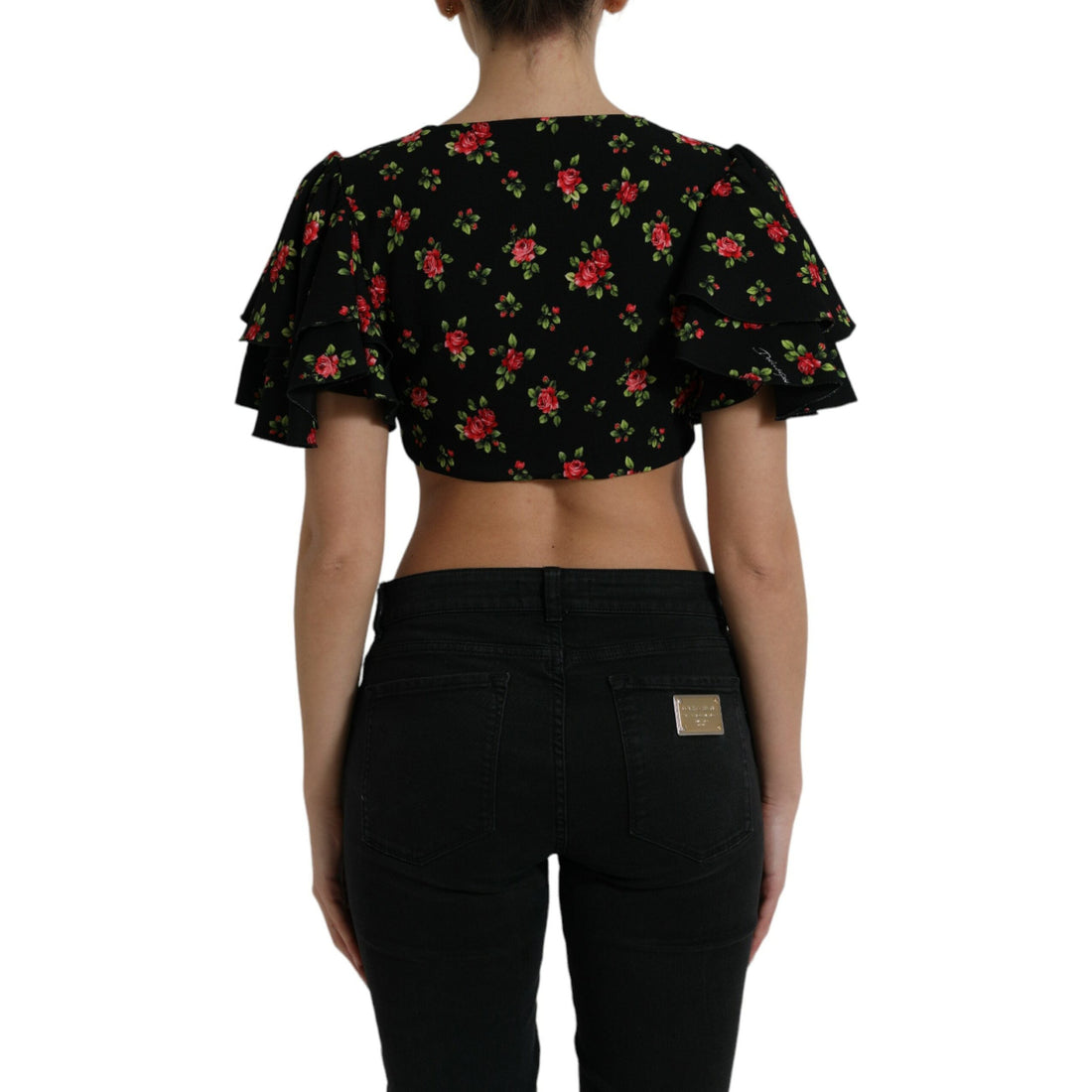 Dolce & Gabbana Black Floral Print Short Sleeves Cropped Top