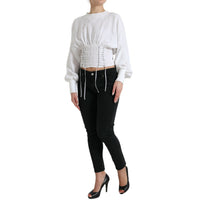 Dolce & Gabbana White Cotton Corset Cropped Long Sleeves Top