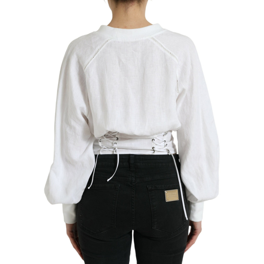 Dolce & Gabbana White Cotton Corset Cropped Long Sleeves Top