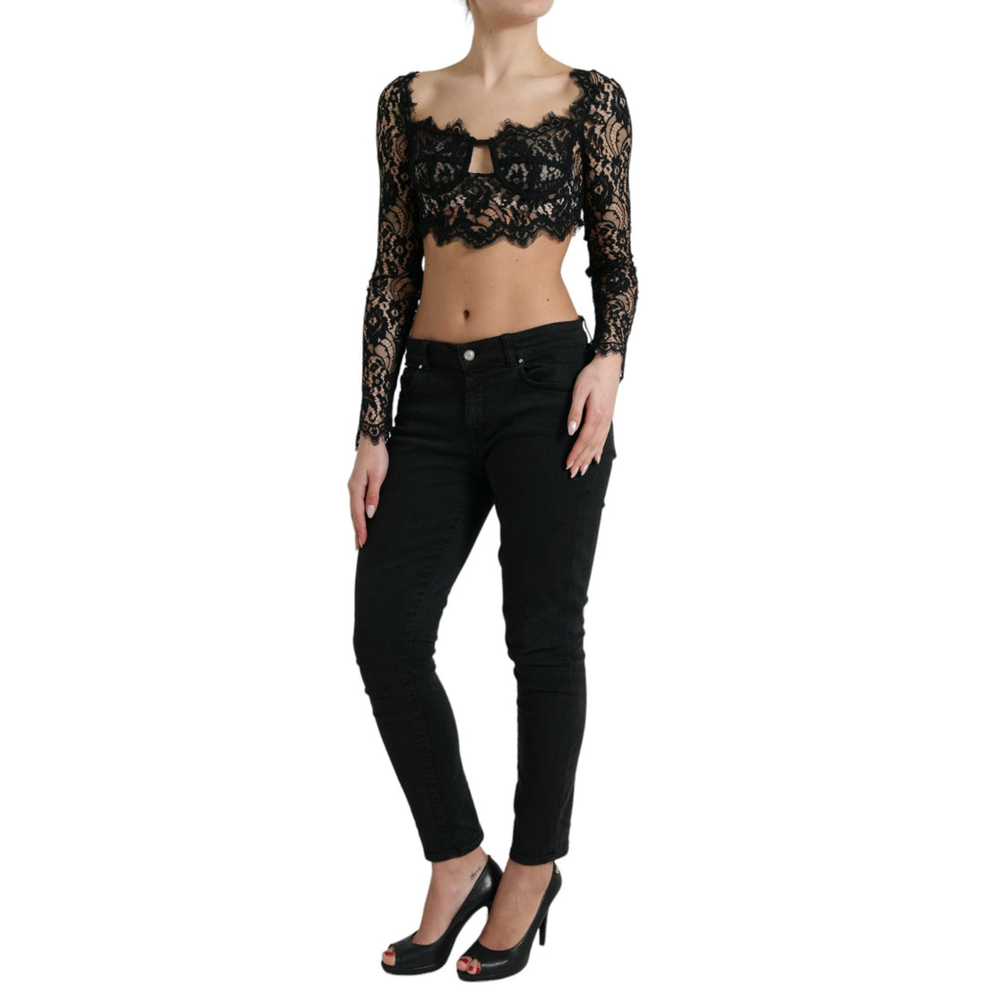 Dolce & Gabbana Black Nylon Floral Lace Bustier Cropped Top