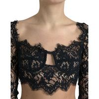 Dolce & Gabbana Black Nylon Floral Lace Bustier Cropped Top