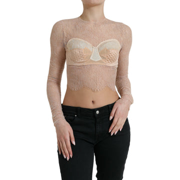 Dolce & Gabbana Beige Nylon Floral Lace Bustier Cropped Top