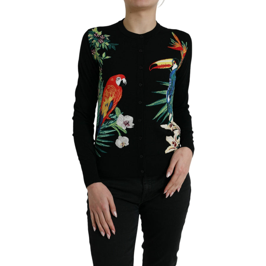 Dolce & Gabbana Black Bird Wool Long Sleeve Cardigan Sweater