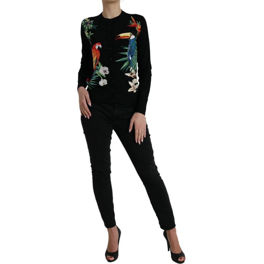 Dolce & Gabbana Black Bird Wool Long Sleeve Cardigan Sweater