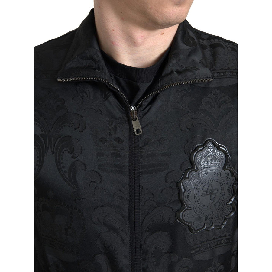 Dolce & Gabbana Black Full Zip Sweater Brocade Logo Casual Mens Jacket