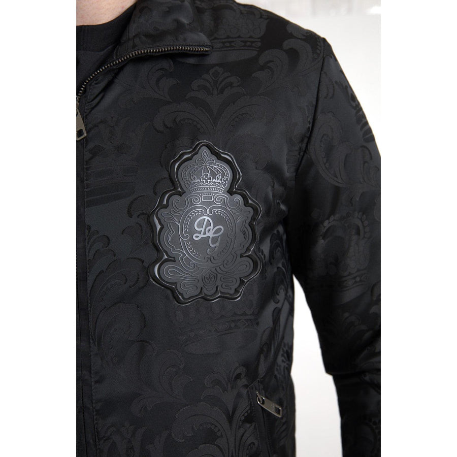 Dolce & Gabbana Black Full Zip Sweater Brocade Logo Casual Mens Jacket