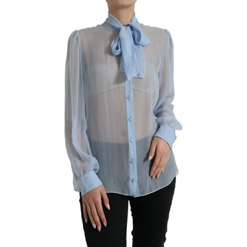 Dolce & Gabbana Blue Long Sleeves Ascot Collar Blouse Top