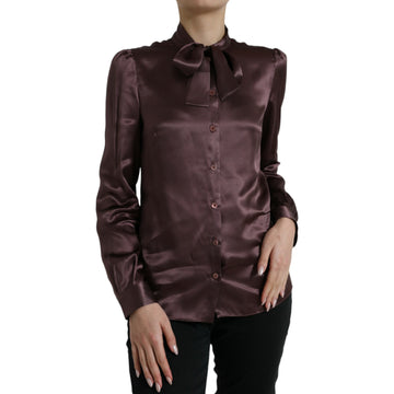 Dolce & Gabbana Brown Silk Ascot Collar Long Sleeve Blouse Top