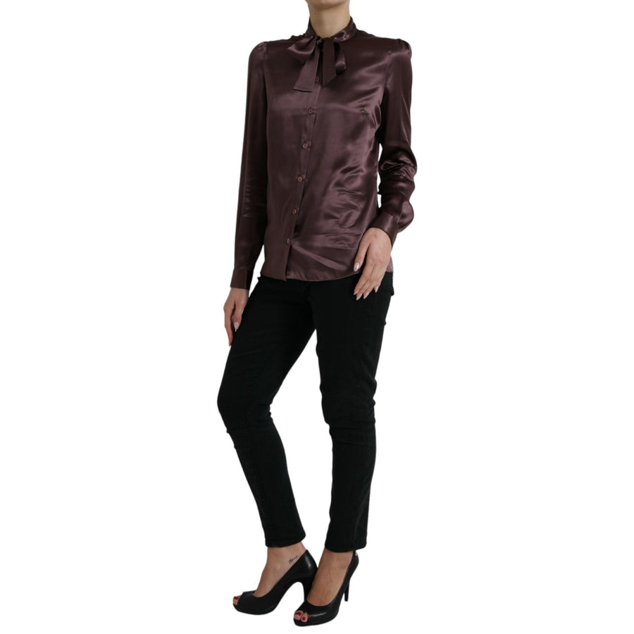 Dolce & Gabbana Brown Silk Ascot Collar Long Sleeve Blouse Top