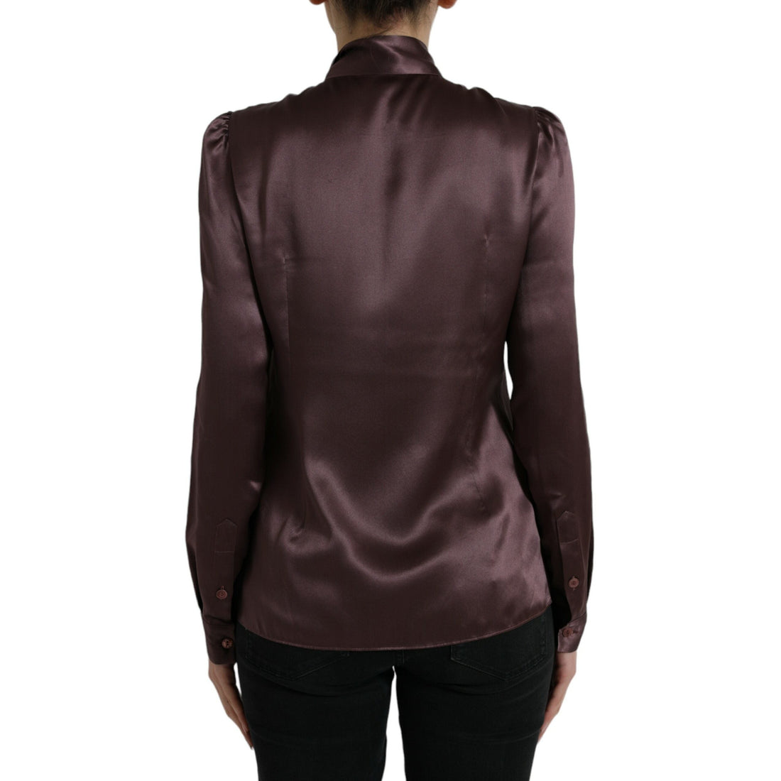 Dolce & Gabbana Brown Silk Ascot Collar Long Sleeve Blouse Top