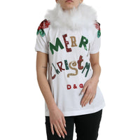 Dolce & Gabbana White Cotton Christmas Sequin Fur T-shirt