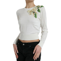 Dolce & Gabbana White Floral Silk Crew Neck Pullover Sweater