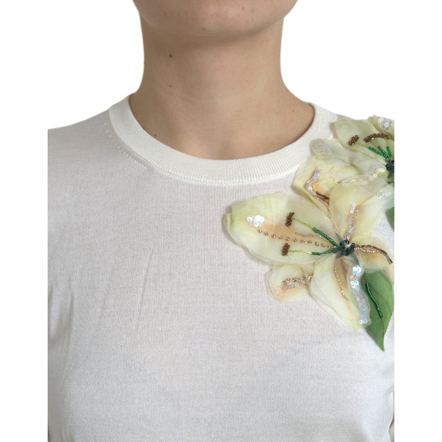 Dolce & Gabbana White Floral Silk Crew Neck Pullover Sweater