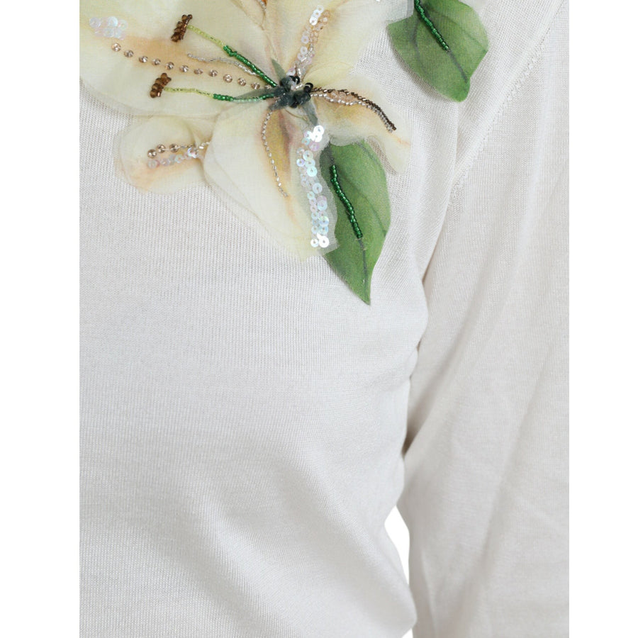 Dolce & Gabbana White Floral Silk Crew Neck Pullover Sweater