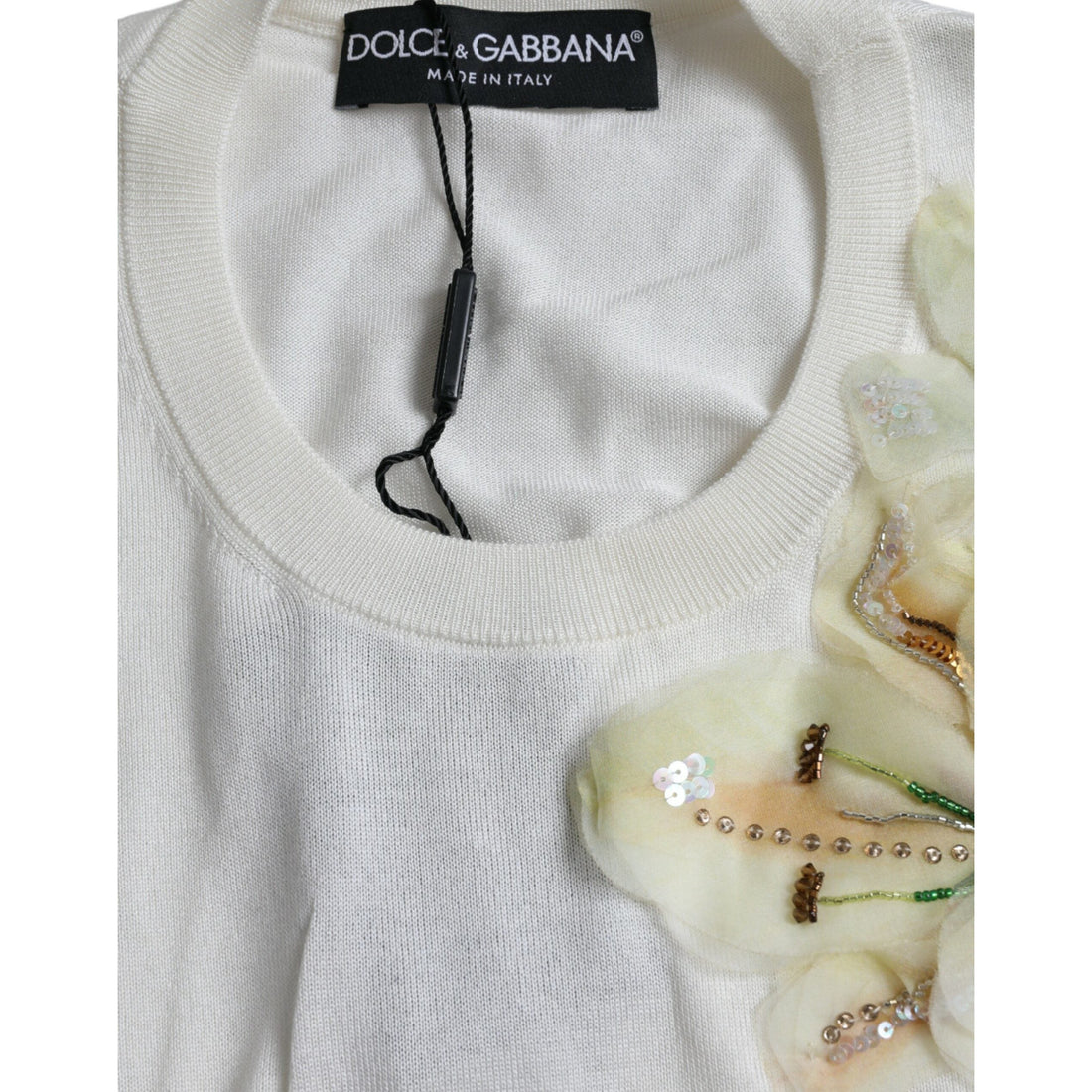 Dolce & Gabbana White Floral Silk Crew Neck Pullover Sweater