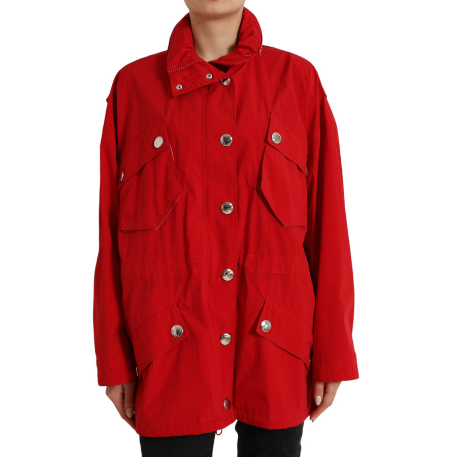 Dolce & Gabbana Red Polyester Hooded Button Rain Coat Jacket