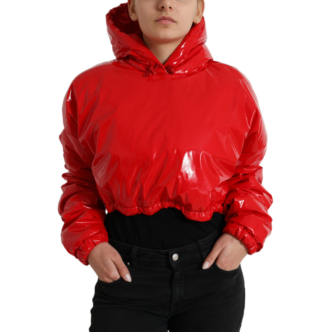 Dolce & Gabbana Shiny Red Hooded Cropped Short Coat Jacket