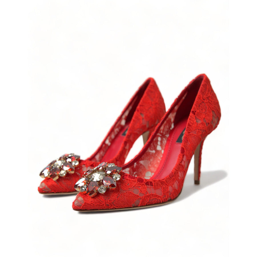 Dolce & Gabbana Exquisite Crystal-Embellished Red Lace Heels