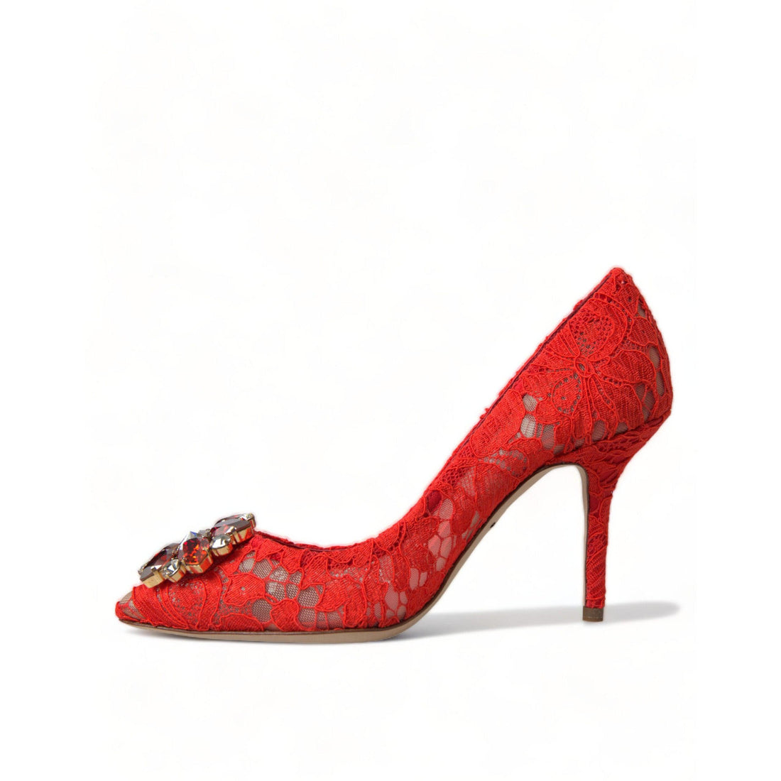 Dolce & Gabbana Exquisite Crystal-Embellished Red Lace Heels