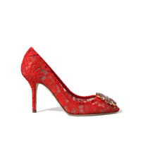 Dolce & Gabbana Exquisite Crystal-Embellished Red Lace Heels