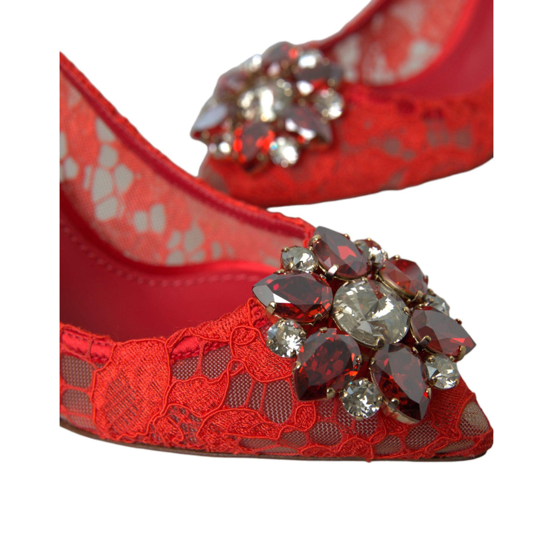 Dolce & Gabbana Exquisite Crystal-Embellished Red Lace Heels