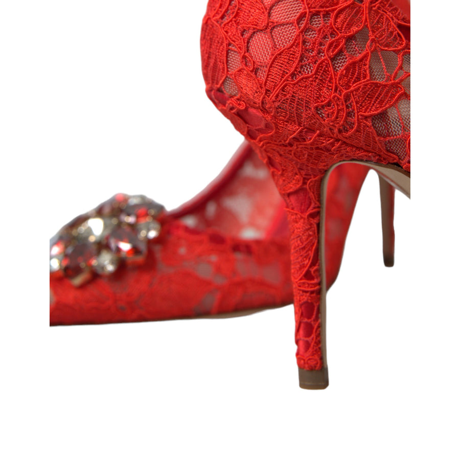 Dolce & Gabbana Exquisite Crystal-Embellished Red Lace Heels