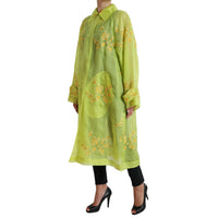 Dolce & Gabbana Green Silk Floral Embroidery Long Coat Jacket