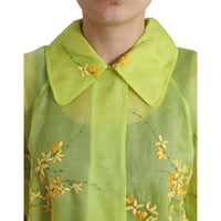 Dolce & Gabbana Green Silk Floral Embroidery Long Coat Jacket