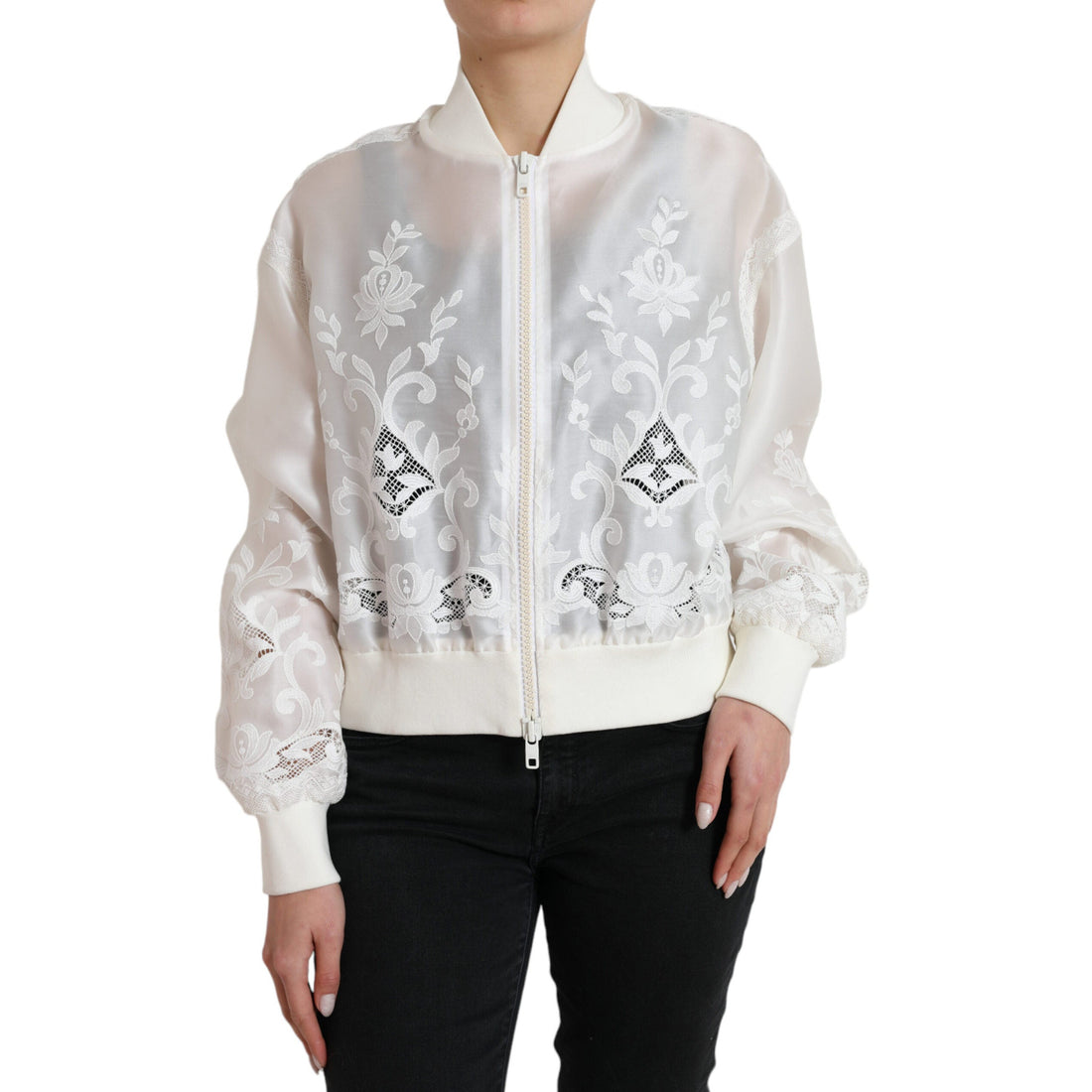 Dolce & Gabbana White Floral Lace Silk Full Zip Bomber Jacket