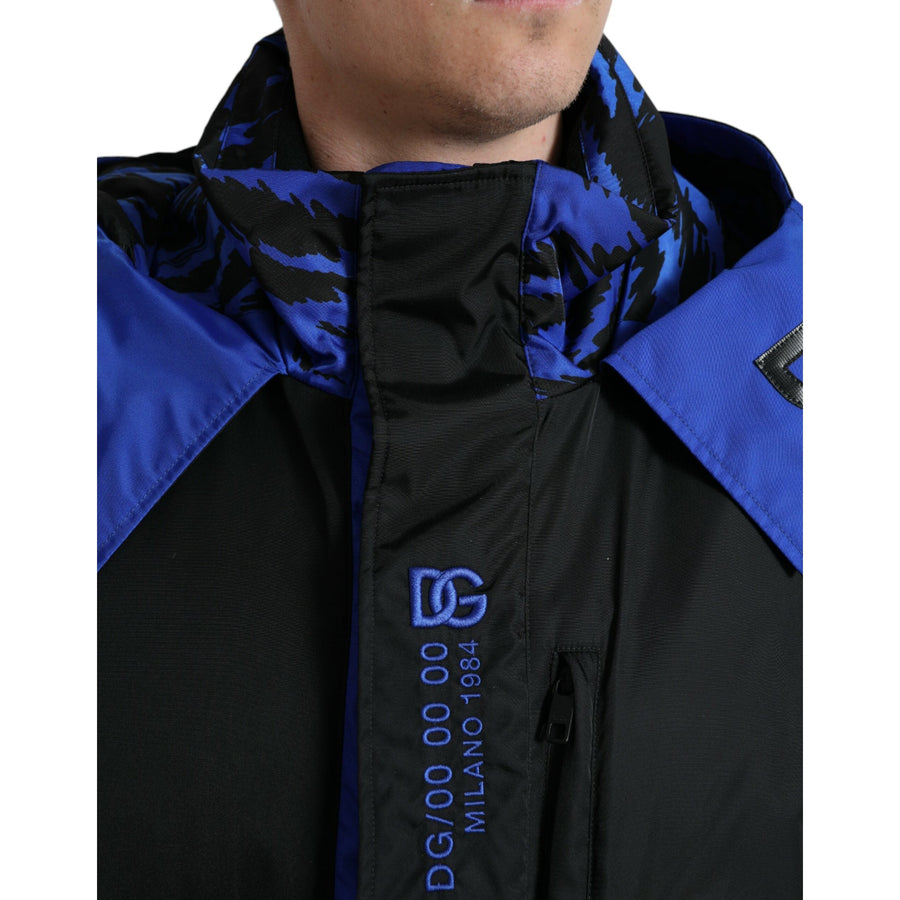 Dolce & Gabbana Black Blue Hooded Windbreaker Coat Jacket