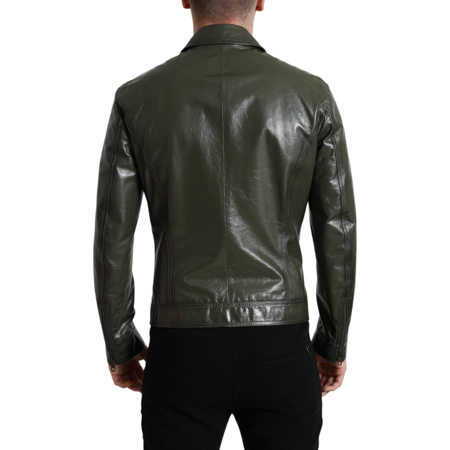 Dolce & Gabbana Green Leather Collared Biker Full Zip Jacket