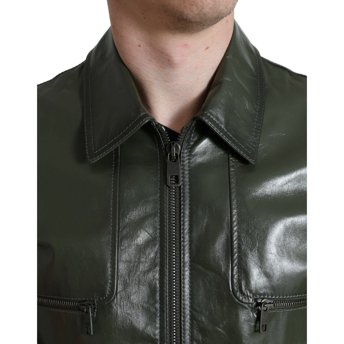 Dolce & Gabbana Green Leather Collared Biker Full Zip Jacket