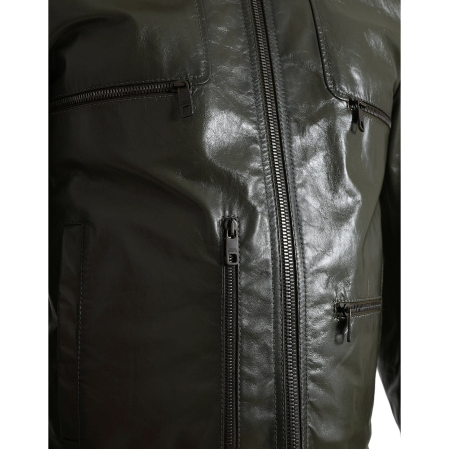 Dolce & Gabbana Green Leather Collared Biker Full Zip Jacket