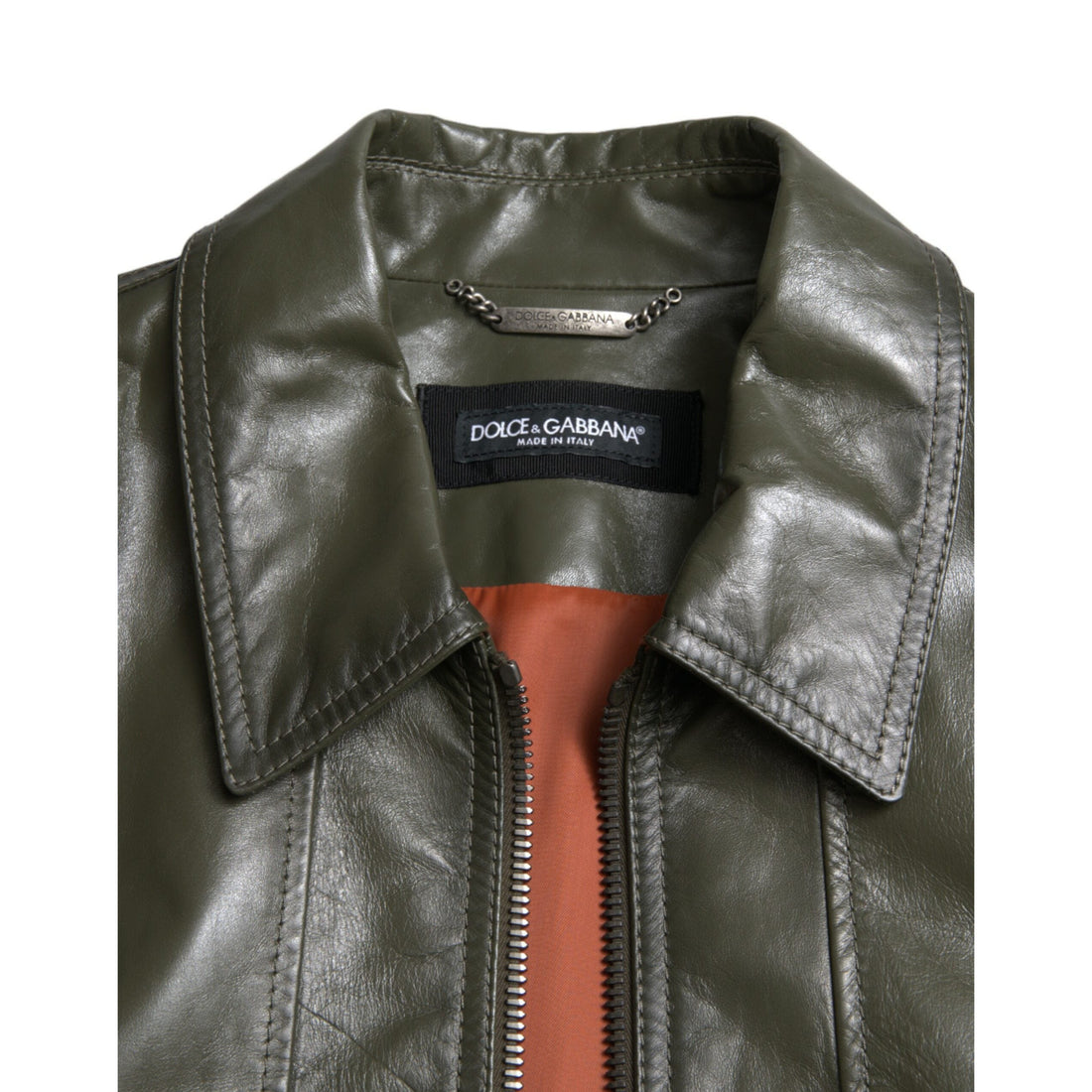 Dolce & Gabbana Green Leather Collared Biker Full Zip Jacket