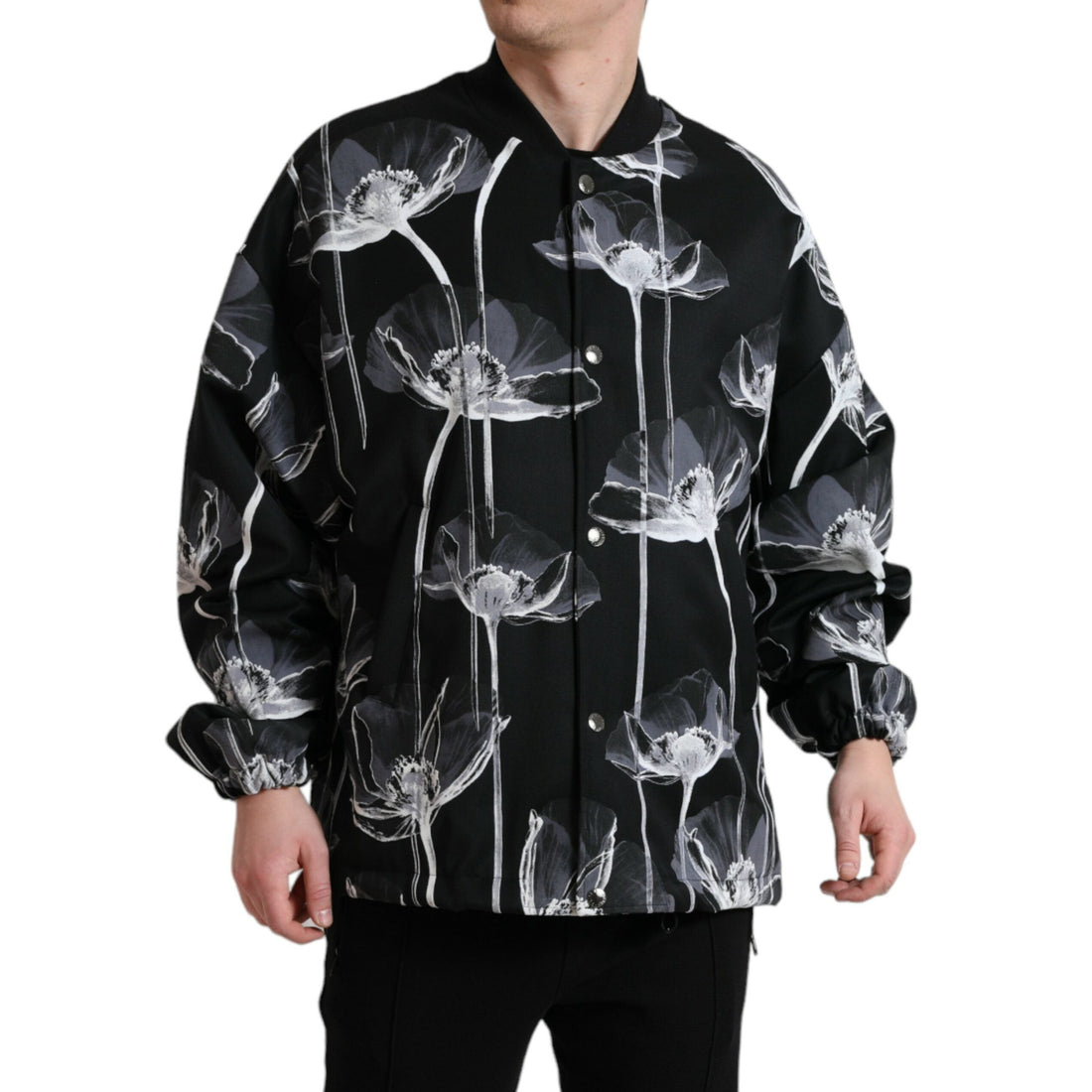 Dolce & Gabbana Black Floral Print Wool Button Down Bomber Jacket