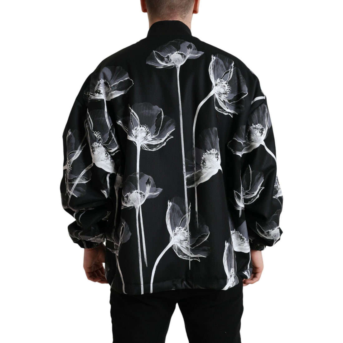 Dolce & Gabbana Black Floral Print Wool Button Down Bomber Jacket