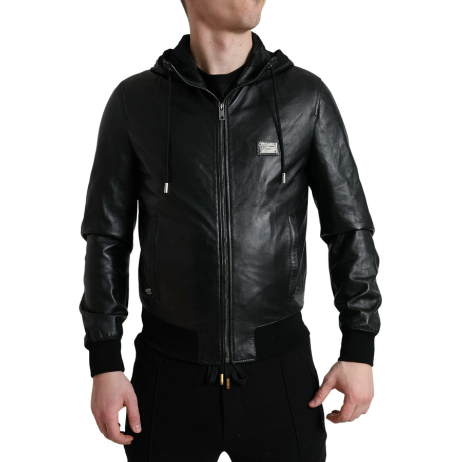 Dolce & Gabbana Black Leather Hooded Full Zip Logo Jacket