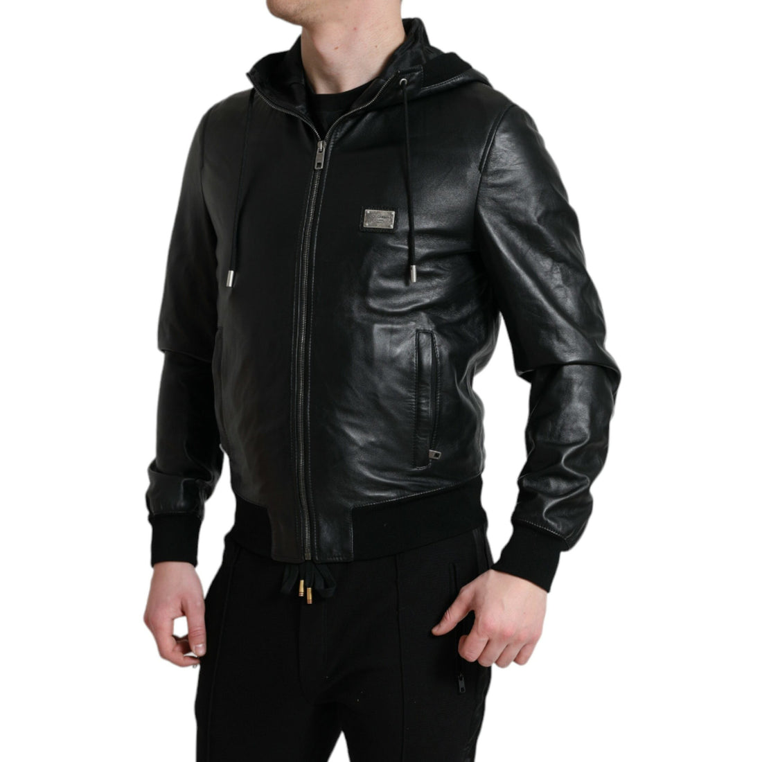 Dolce & Gabbana Black Leather Hooded Full Zip Logo Jacket