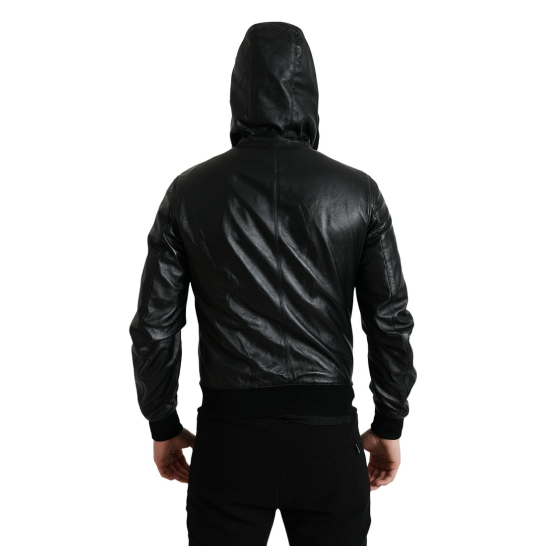 Dolce & Gabbana Black Leather Hooded Full Zip Logo Jacket