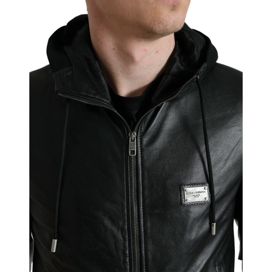 Dolce & Gabbana Black Leather Hooded Full Zip Logo Jacket