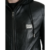 Dolce & Gabbana Black Leather Hooded Full Zip Logo Jacket