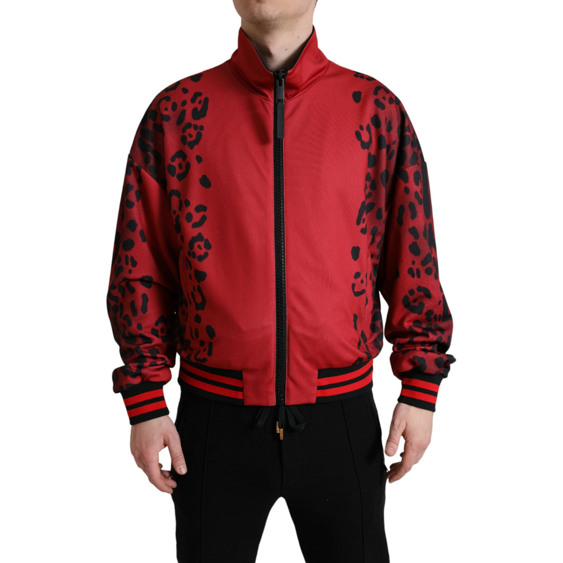 Dolce & Gabbana Red Leopard Polyester Bomber Full Zip Jacket