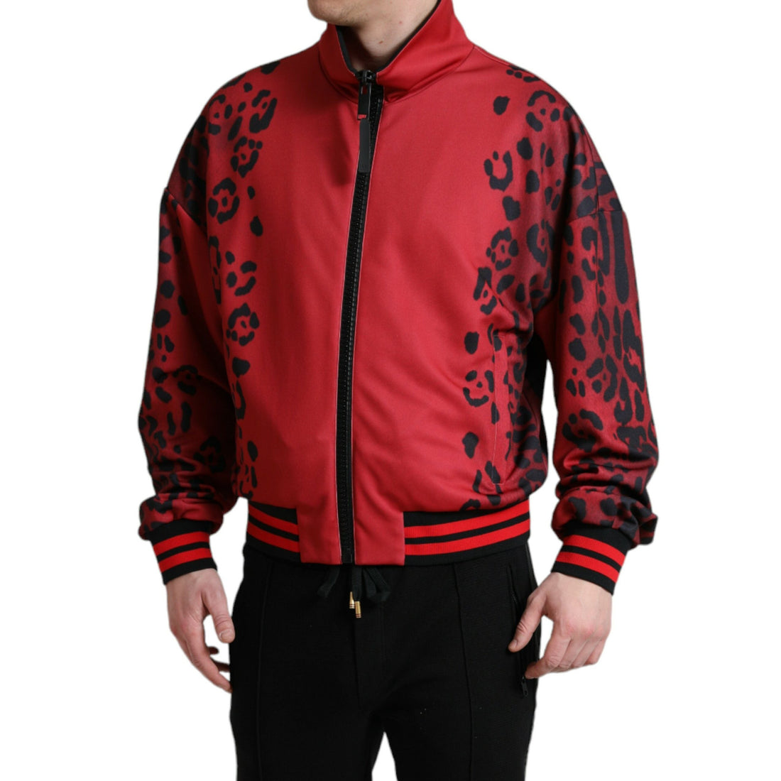 Dolce & Gabbana Red Leopard Polyester Bomber Full Zip Jacket